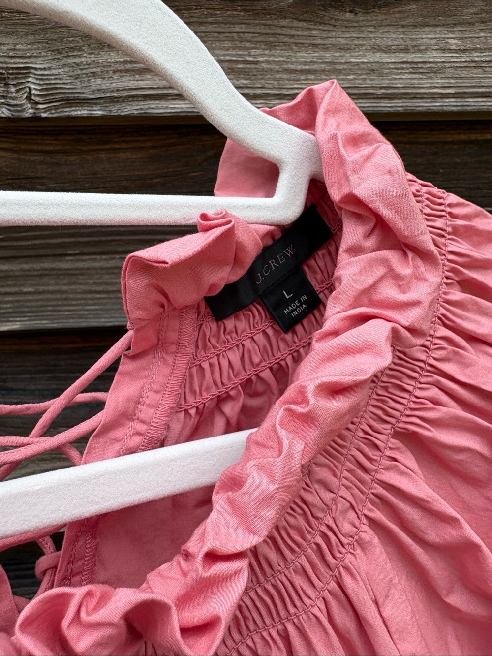 J. Crew Coral Pink Ruffled Smocked Neck Blouse - Picture 3 of 3